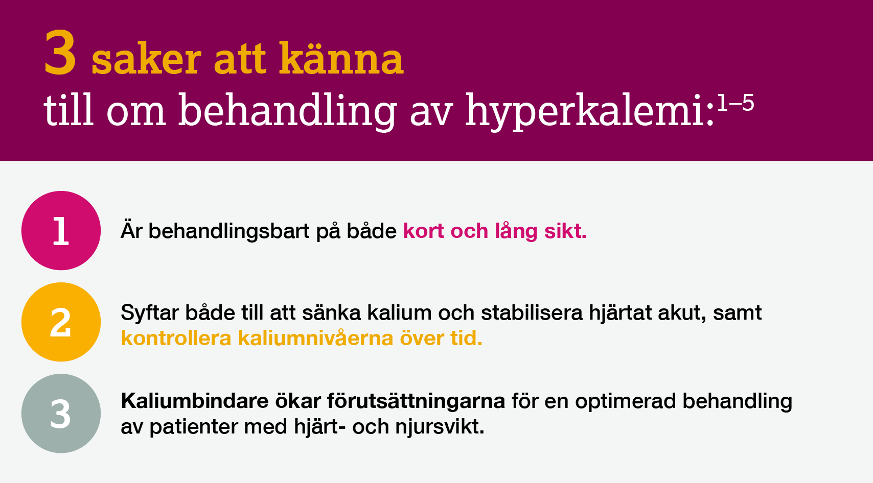 3 saker att k&auml;nna till om behandling av hyperkalemi. &Auml;r behandlingsbart p&aring; b&aring;de kort och l&aring;ng sikt. Syftar b&aring;de till att s&auml;nka kalium och stabilisera hj&auml;rtat akut, samt kontrollera kaliumniv&aring;erna &ouml;ver tid. Kaliumbindare* &ouml;kar f&ouml;rus&auml;ttningarna f&ouml;r en optimerad behandling av patienter med hj&auml;rt- och njursvikt.