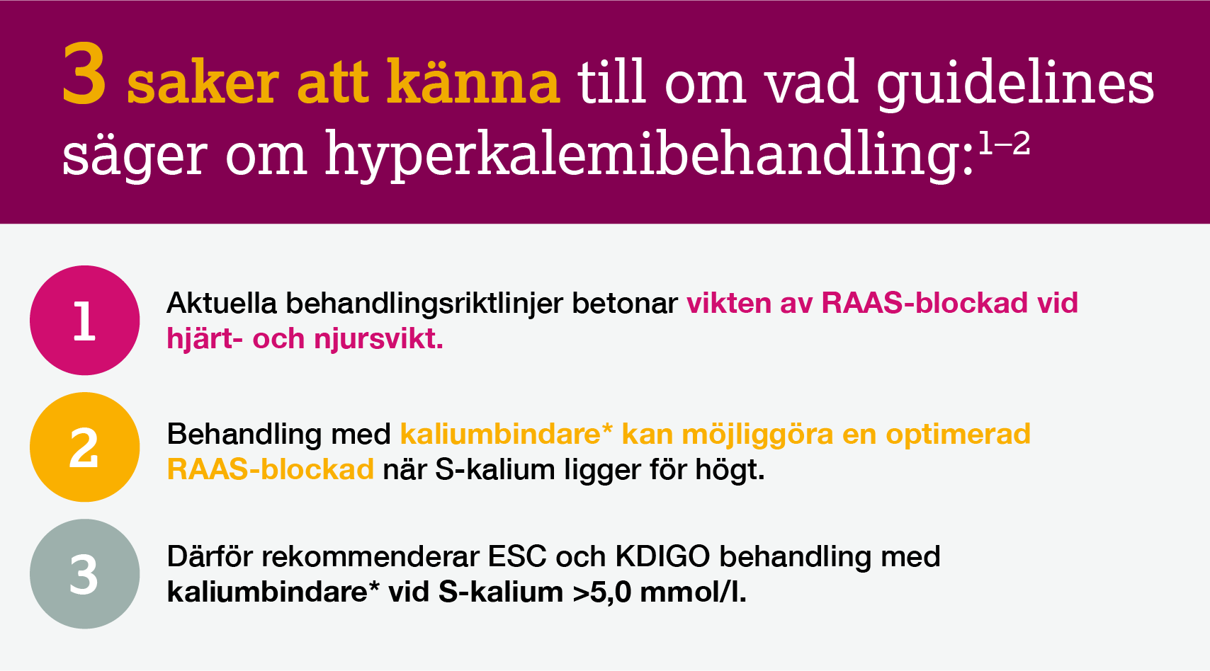 3 saker att känna till om vad guidelines säger om hyperkalemibehandling. Aktuella behandlingsriktlinjer betonar vikten av RAAS-blockad vid hjärt- och njursvikt. Behandling med kaliumbindare* kan möjliggöra en optimerad RAAS-blockad när S-kalium ligger för högt. Därför rekommenderar ESC och KDIGO behandling med kaliumbindare* vid S-kalium >5,0 mmol/l